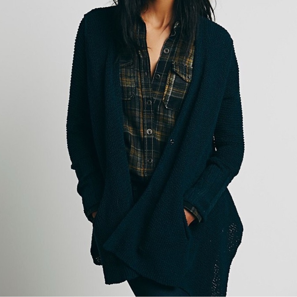 Free People Shark Hem Open Knit Cardigan With Pockets Oversized Size XS‎